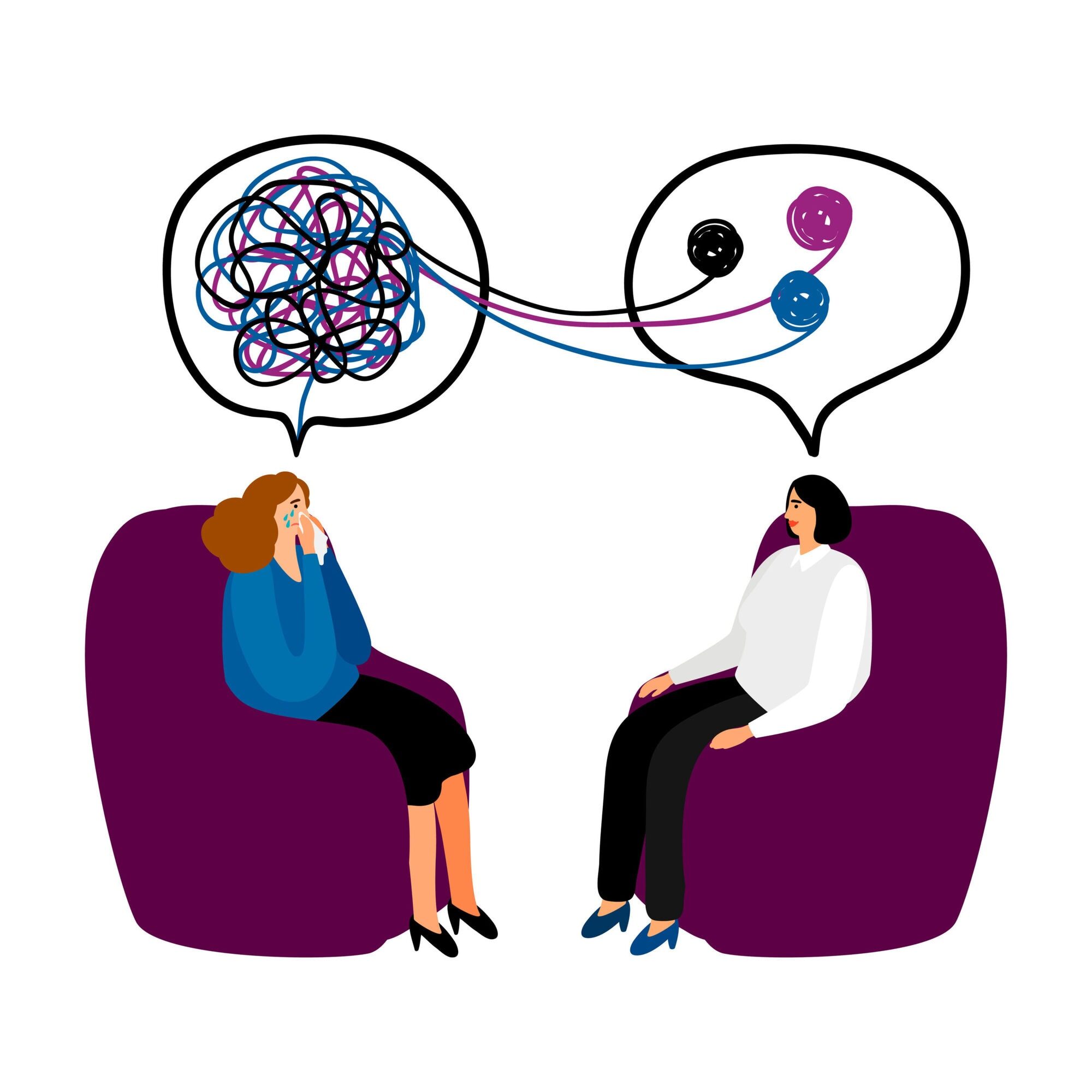 Psychotherapy. Woman psychologist with tangled and untangled brain metaphor, society psychiatry concept vector illustration